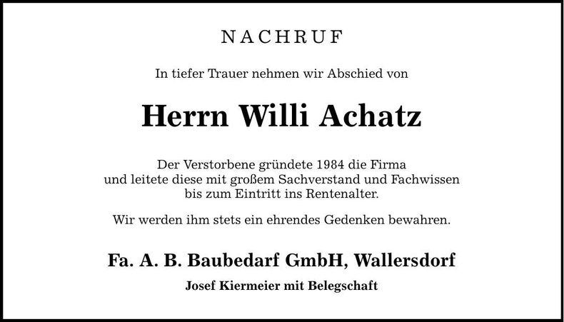 Traueranzeige Wilhelm Achatz