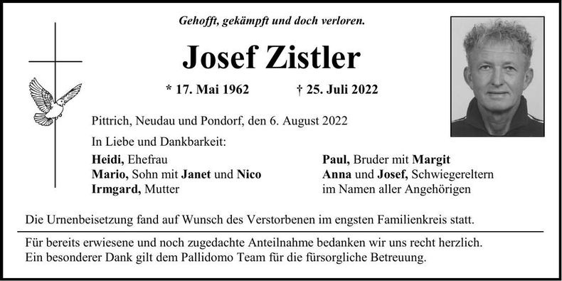 Traueranzeige Josef Zistler