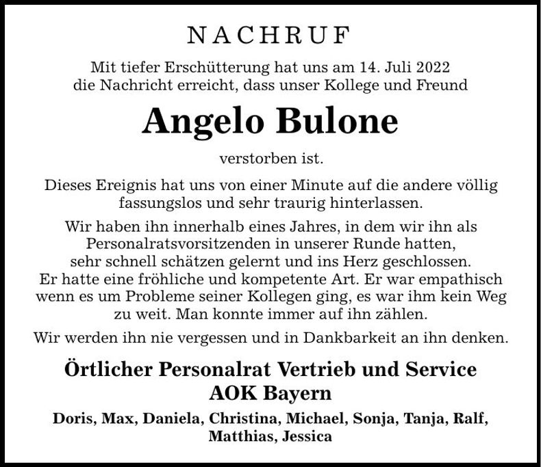 Traueranzeige Angelo Bulone