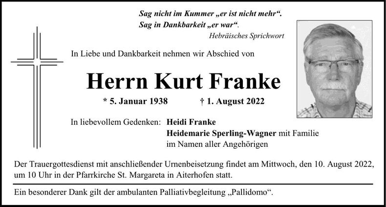Traueranzeige Kurt Franke