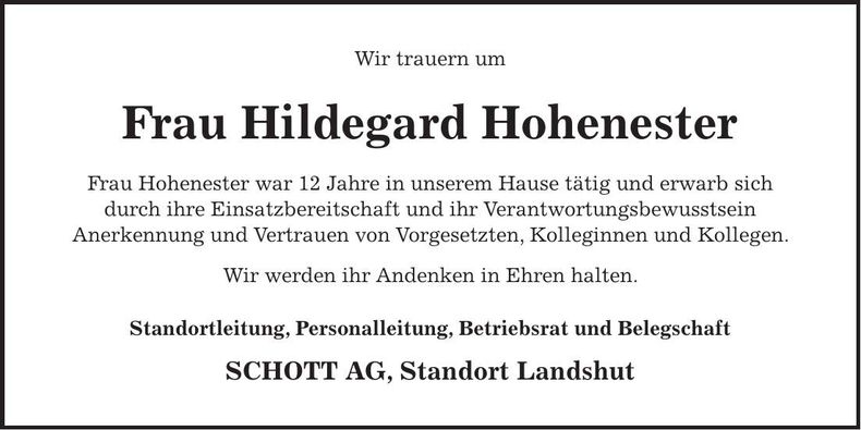 Traueranzeige Hildegard Hohenester