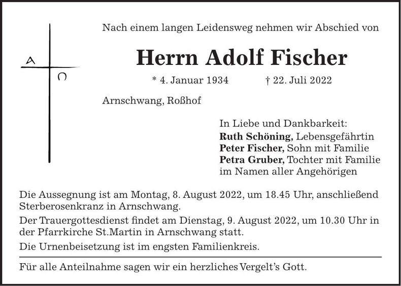 Traueranzeige Adolf Fischer