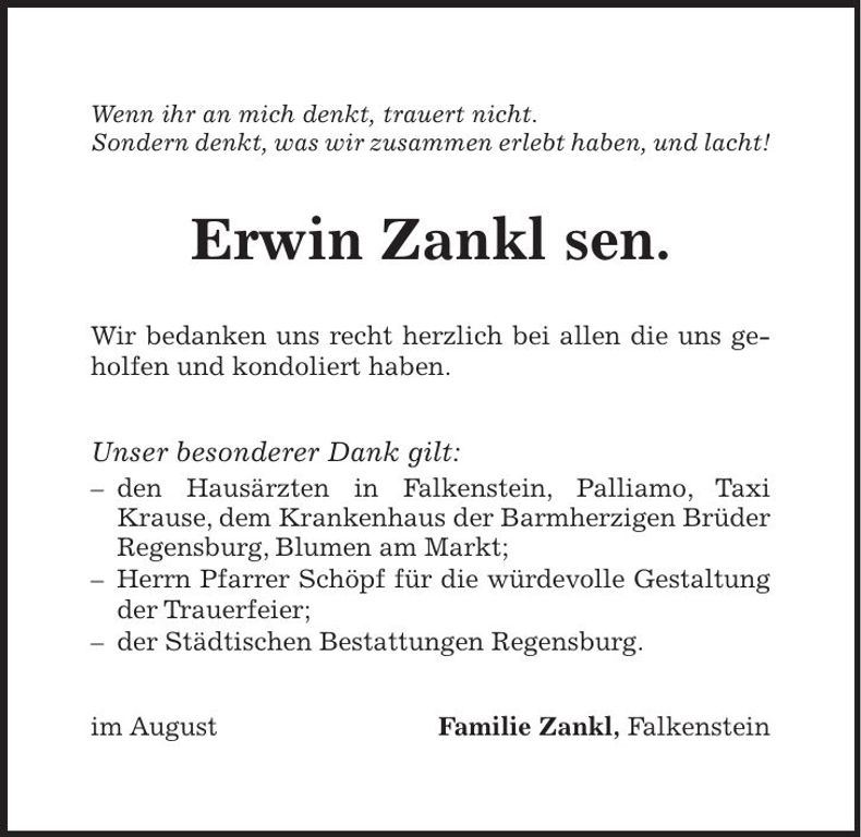 Traueranzeige Erwin Zankl