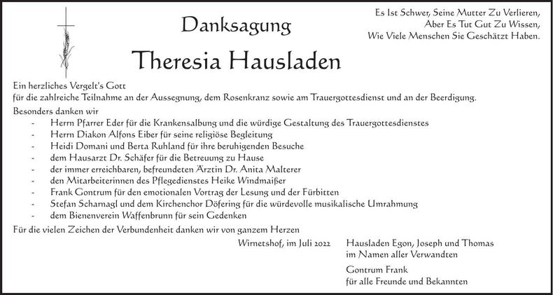 Traueranzeige Theresia Hausladen
