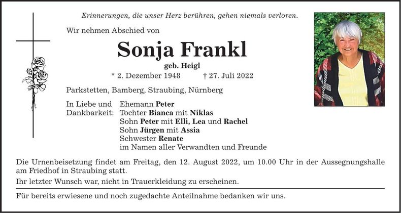 Traueranzeige Sonja Frankl