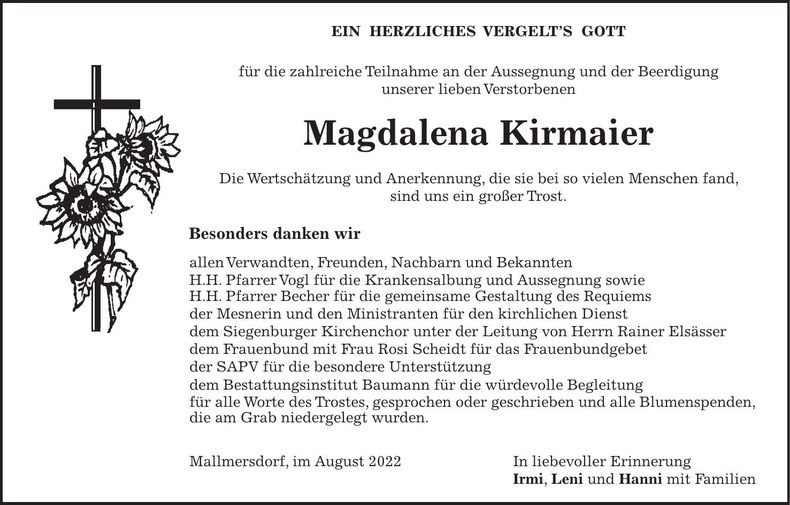 Traueranzeige Magdalena Kirmaier