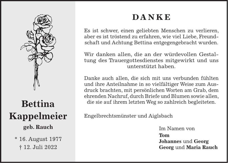 Traueranzeige Bettina Kappelmeier