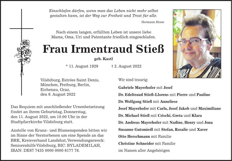 Traueranzeige Irmentraud Stieß