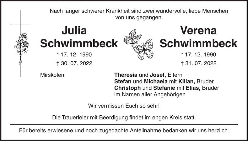 Traueranzeige Julia und Verena Schwimmbeck