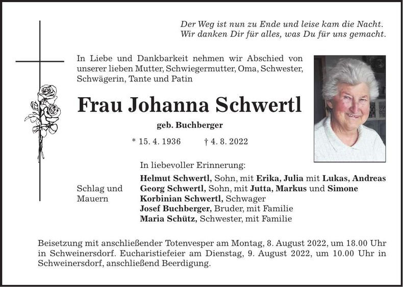 Traueranzeige Johanna Schwertl