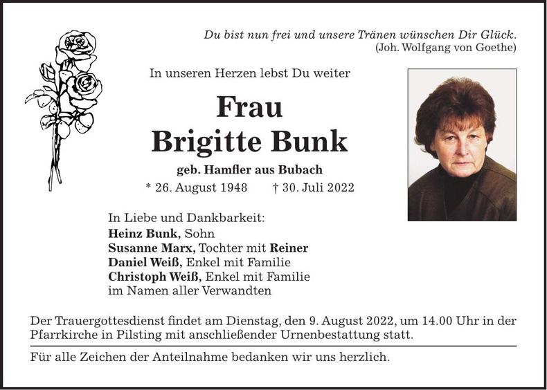 Traueranzeige Bunk Brigitte