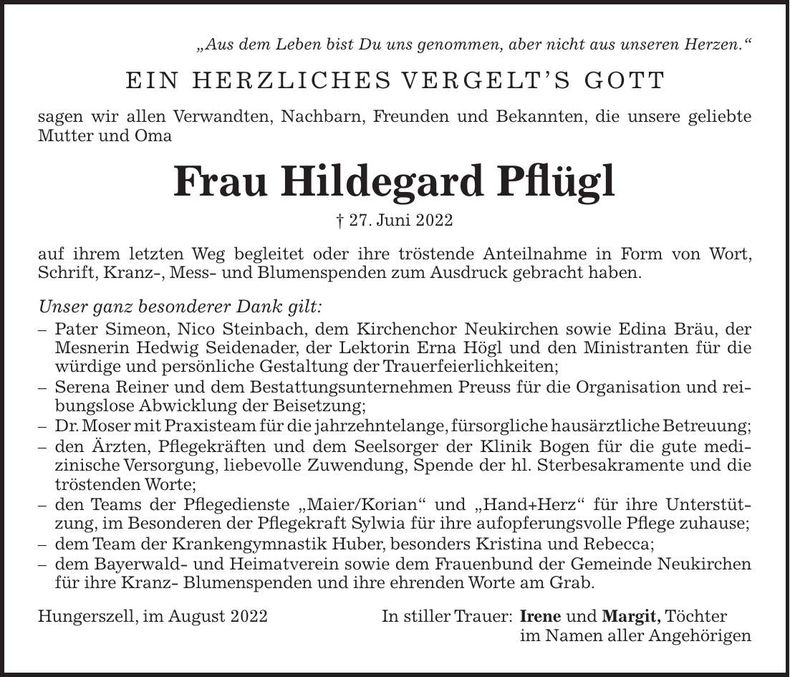 Traueranzeige Hildegard Pflügl