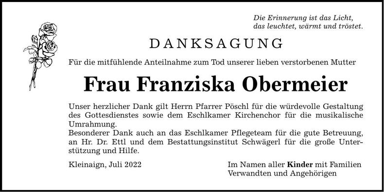Traueranzeige Franziska Obermeier