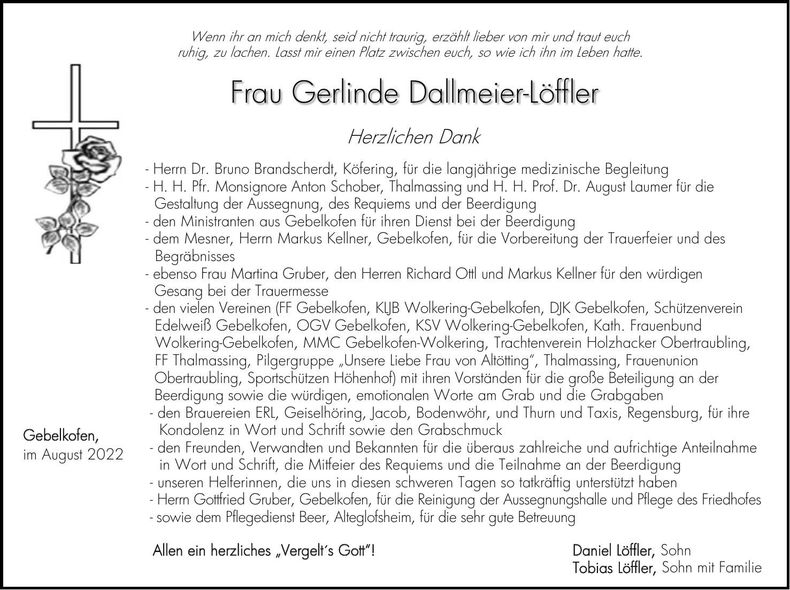 Traueranzeige Gerlinde Dallmeier-Löffler