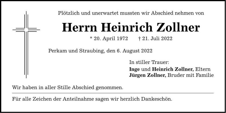 Traueranzeige Heinrich Zollner