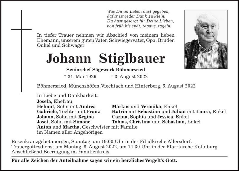 Traueranzeige Johann Stiglbauer