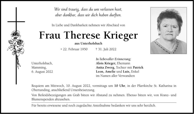 Traueranzeige Therese Krieger