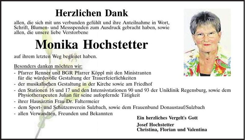 Traueranzeige Monika Hochstetter