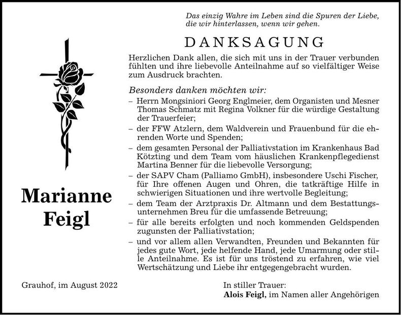 Traueranzeige Marianne Feigl