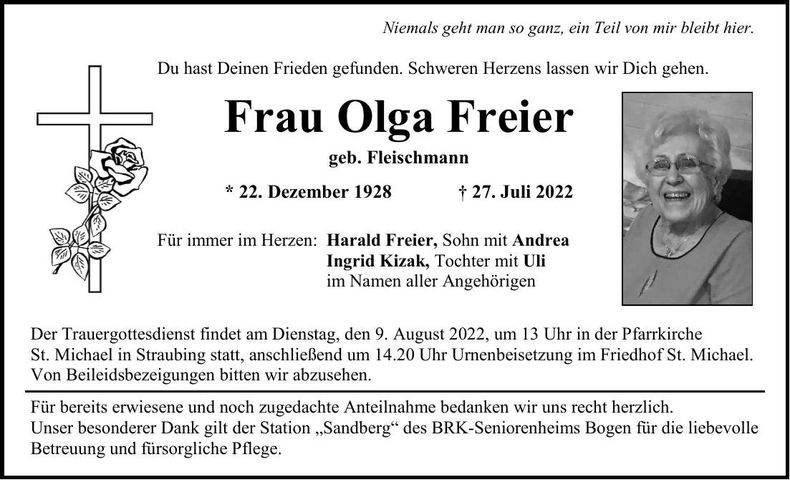 Traueranzeige Olga Freier