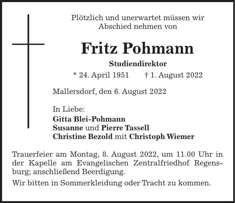 Traueranzeige Fritz Pohmann