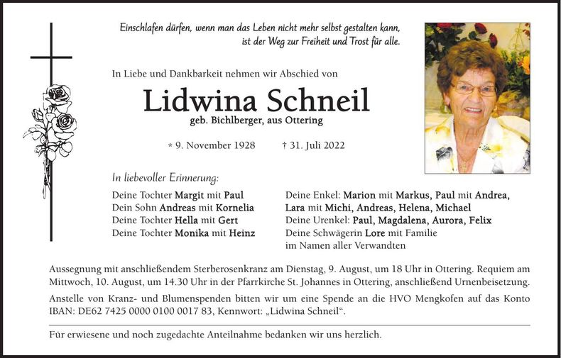 Traueranzeige Lidwina Schneil