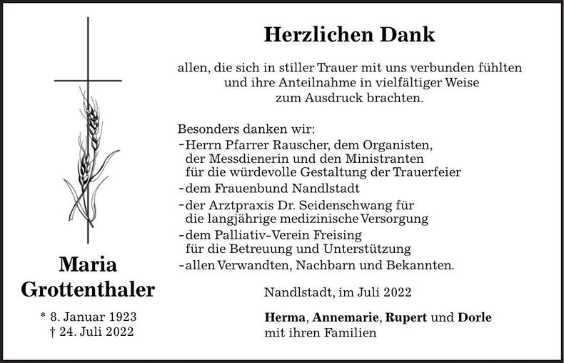 Traueranzeige Maria Grottenthaler