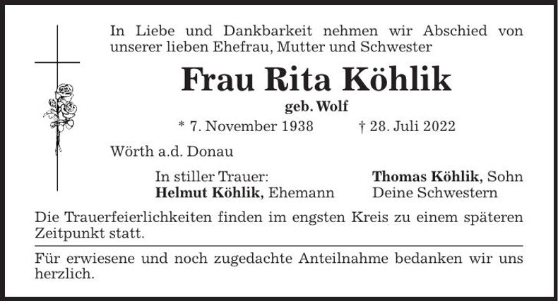 Traueranzeige Rita Köhlik