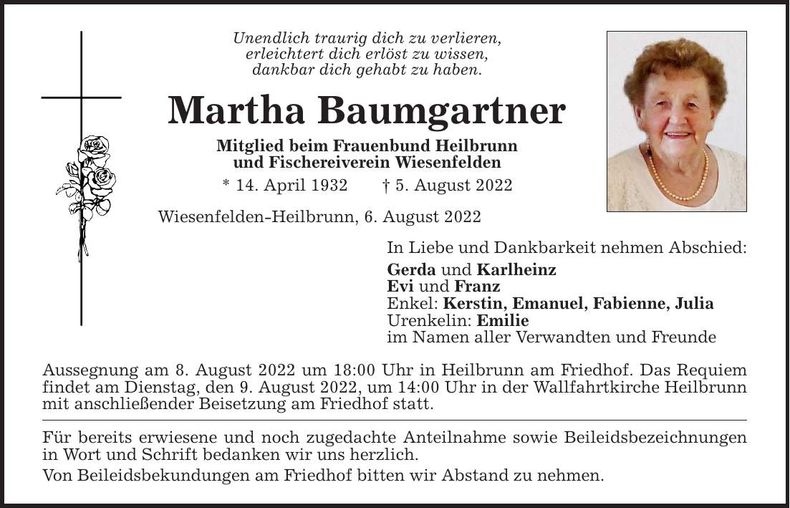 Traueranzeige Maria Baumgartner