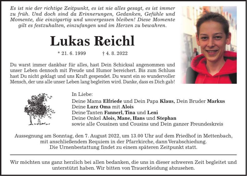Traueranzeige Lukas Reichl