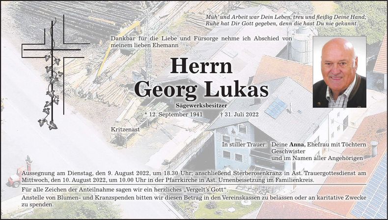 Traueranzeige Georg Lukas