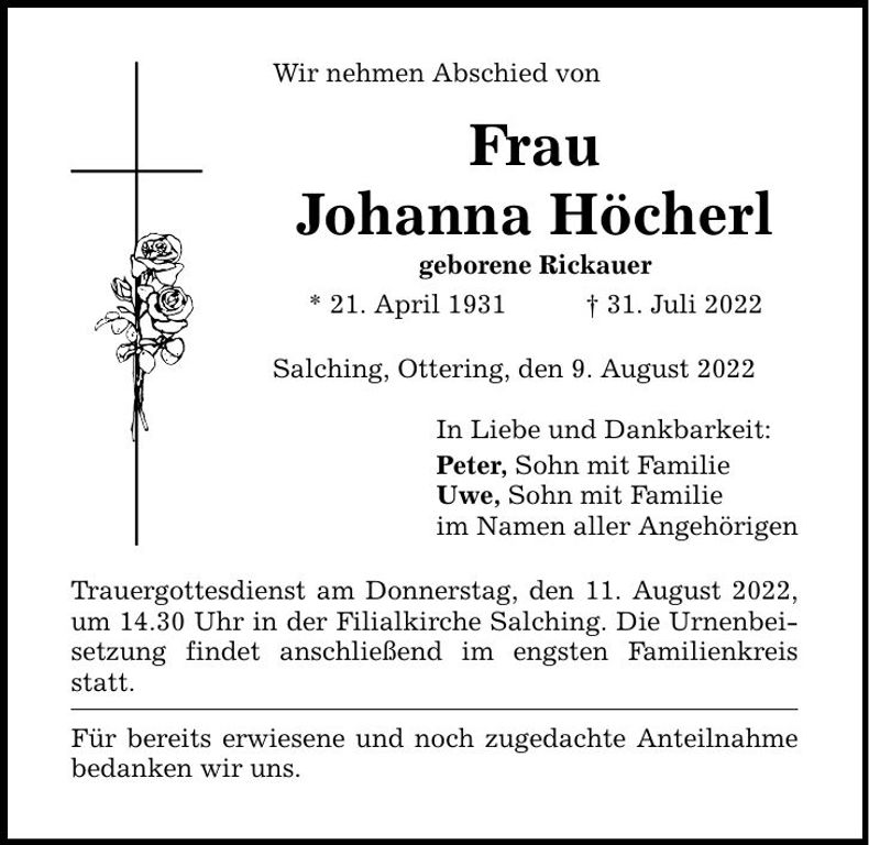 Traueranzeige Johann Höcherl