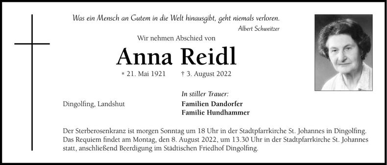 Traueranzeige Anna Reidl