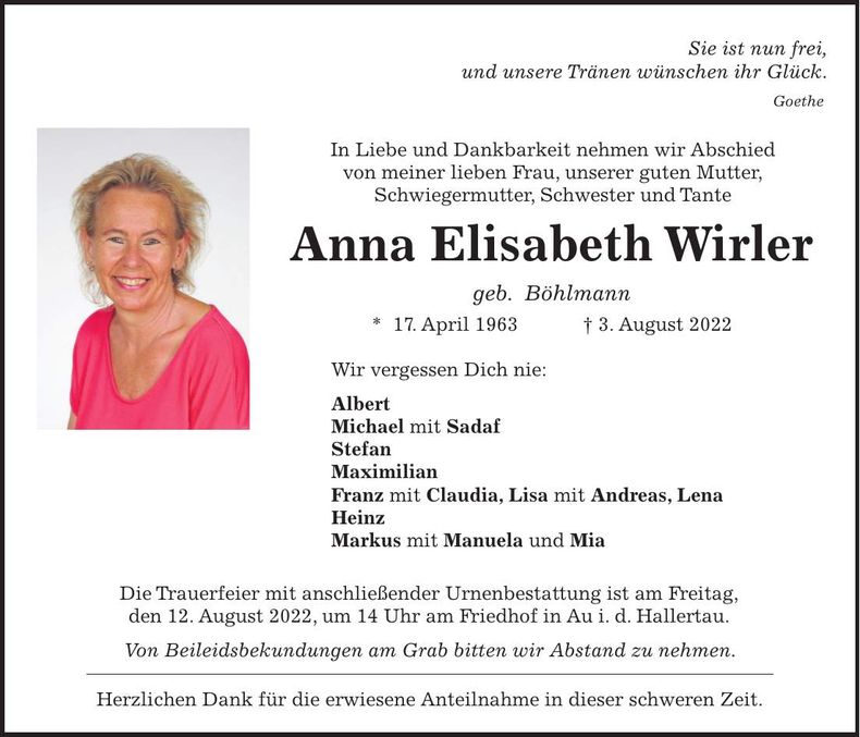 Traueranzeige Anna Elisabeth Wirler