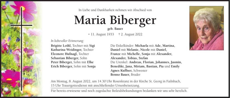 Traueranzeige Maria Biberger