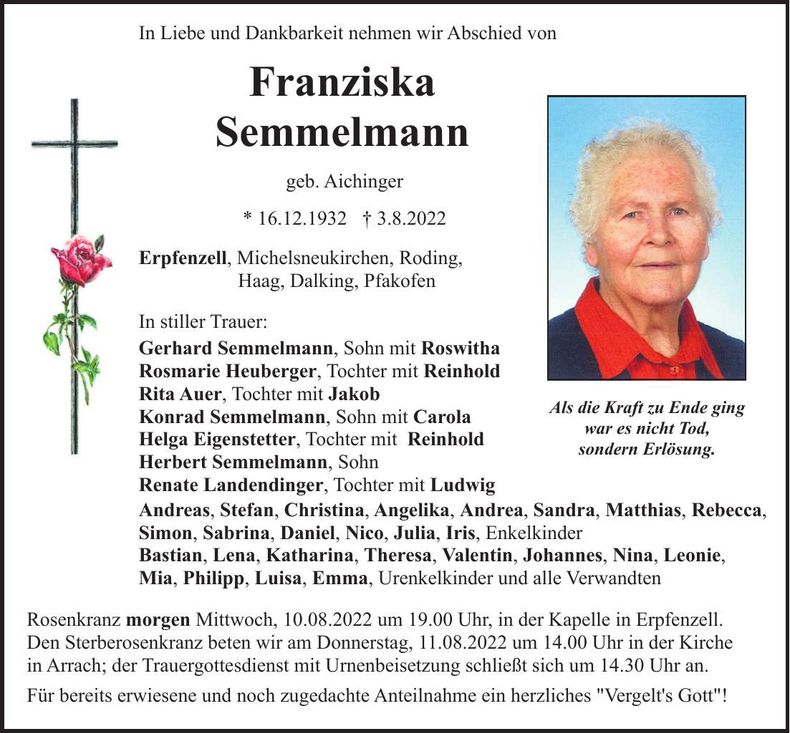 Traueranzeige Franziska Semmelmann