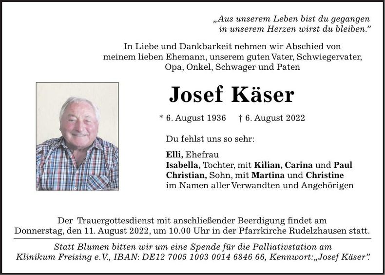 Traueranzeige Josef Käser
