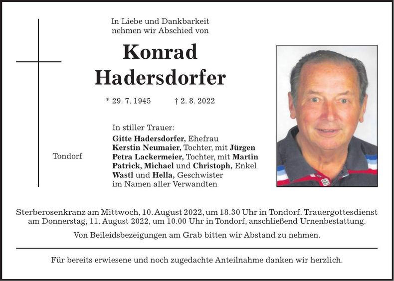 Traueranzeige Konrad Hadersdorfer