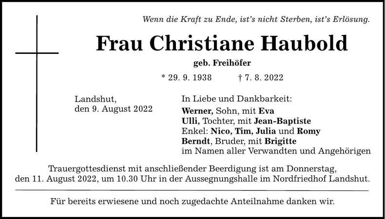 Traueranzeige Christiane Haubold