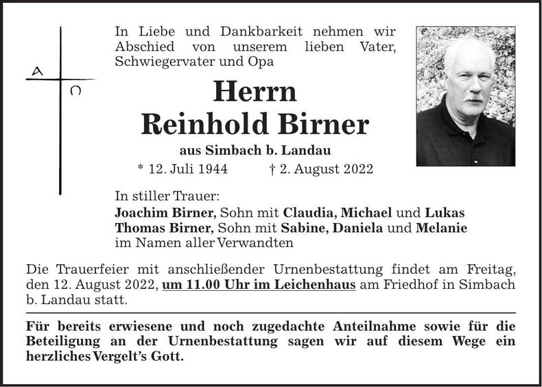 Traueranzeige Reinhold Birner