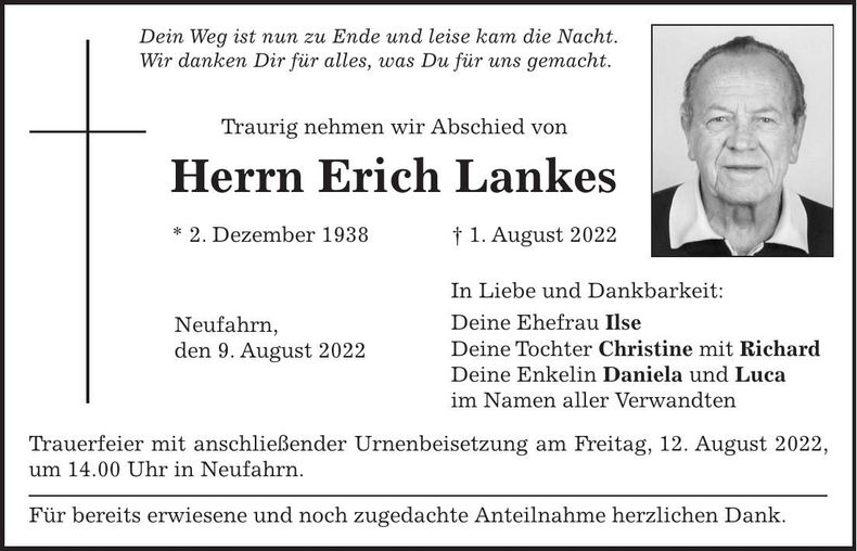 Traueranzeige Erich Lankes