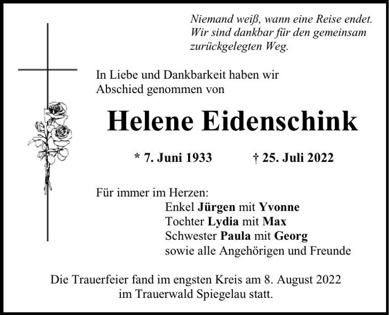 Traueranzeige Helene Eidenschink