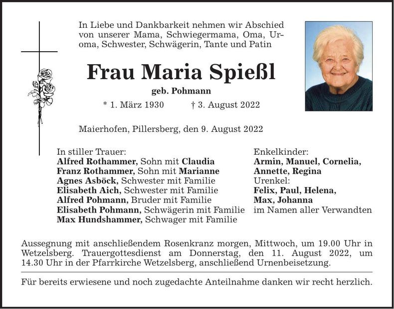 Traueranzeige Maria Spießl