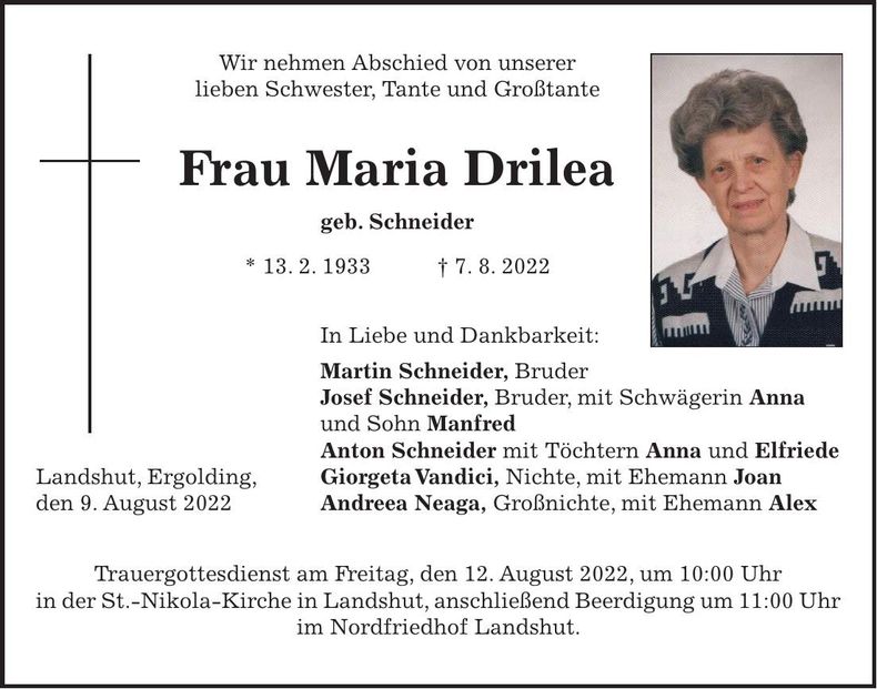 Traueranzeige Maria Drilea