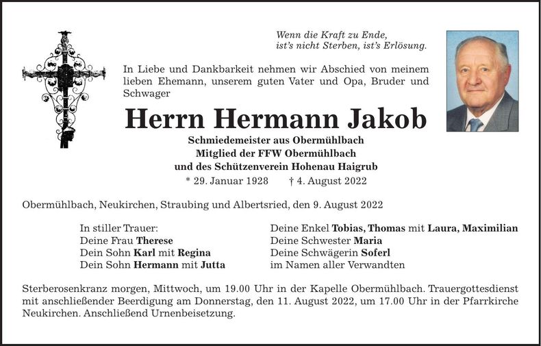 Traueranzeige Hermann Jakob