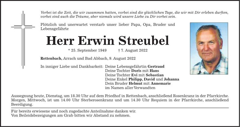 Traueranzeige Erwin Streubel