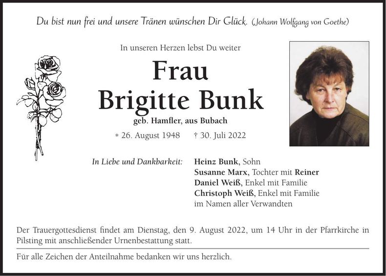 Traueranzeige Brigitte Bunk