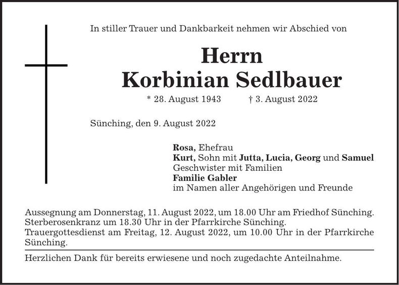 Traueranzeige Korbinian Sedlbauer