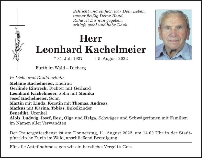 Traueranzeige Leonhard Kachelmeier