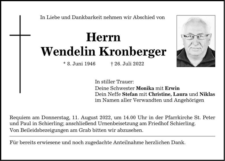 Traueranzeige Wendelin Kronberger